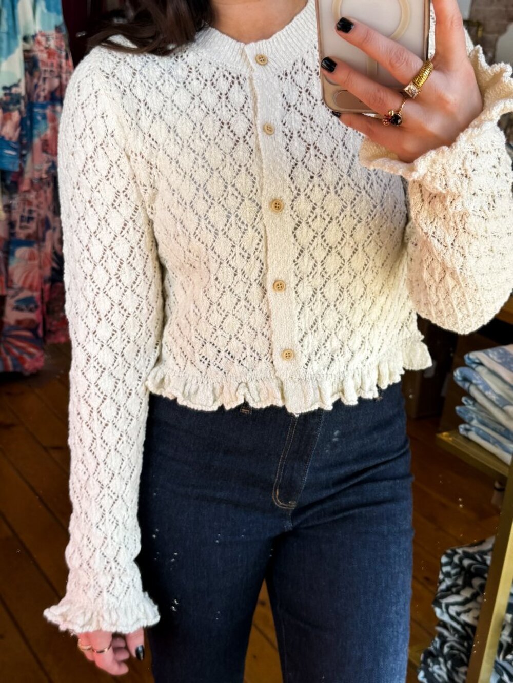 Eyelet Knit Ruffle Hem Cardigan - Picture 3 of 3